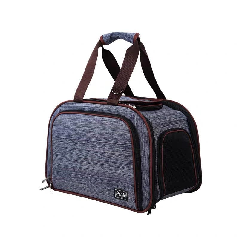 Sac à dos portable en denim pour chien avec poignées marron, élégant et pratique pour les sorties.