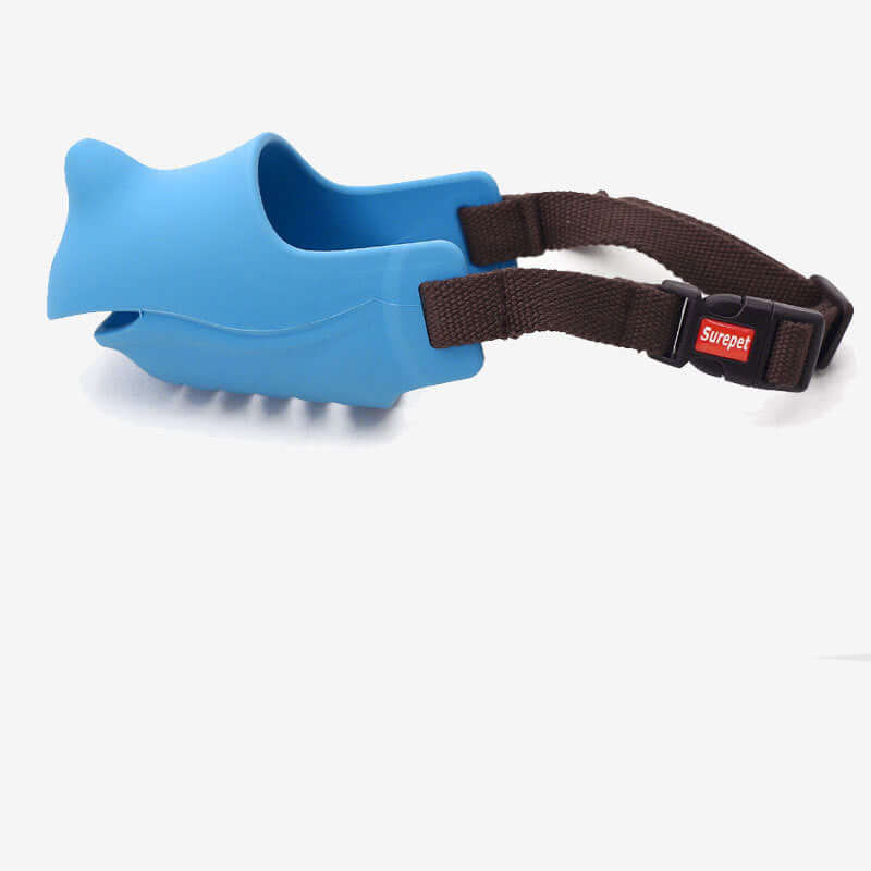 Muzzle en silicone ajustable pour chien en forme de rhino, confortable et sécurisé, couleur bleue.