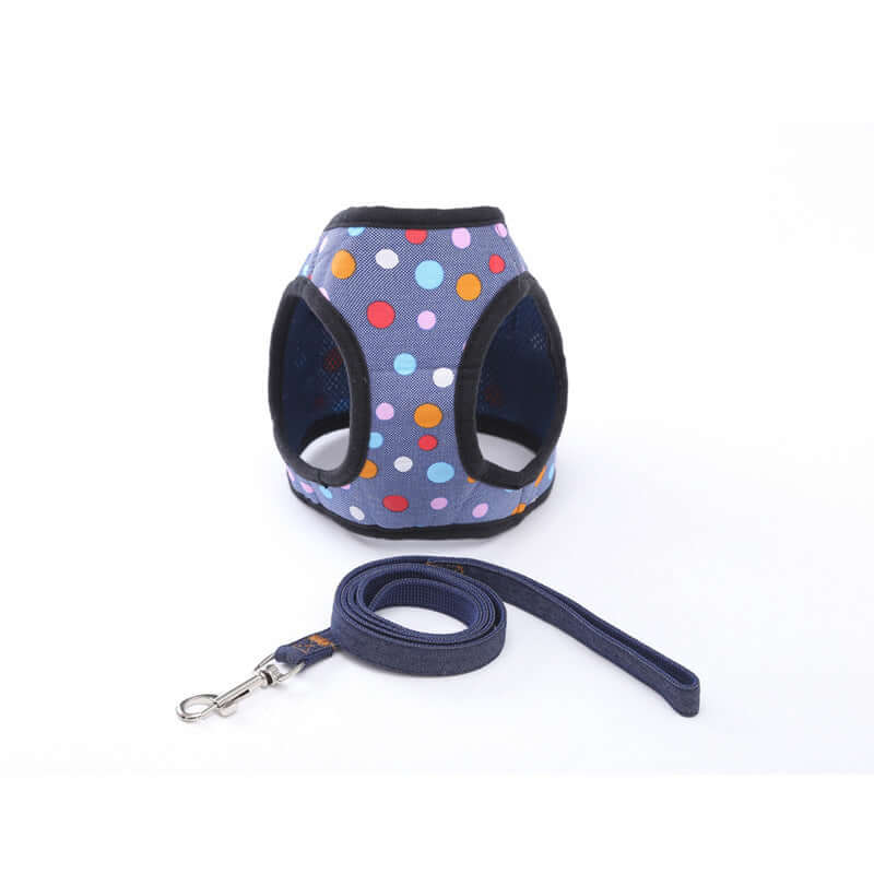 Gilet de randonnée pour chien à pois colorés avec sangle de protection et laisse, confortable et sécurisé.