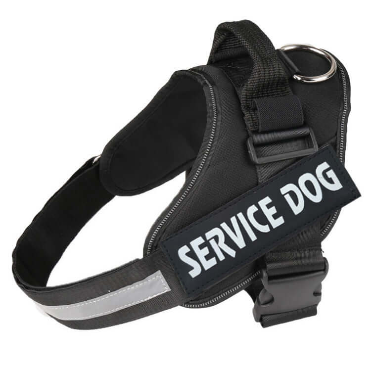 Strong nylon service dog harness with reflective strips and durable stainless steel ring for safety.