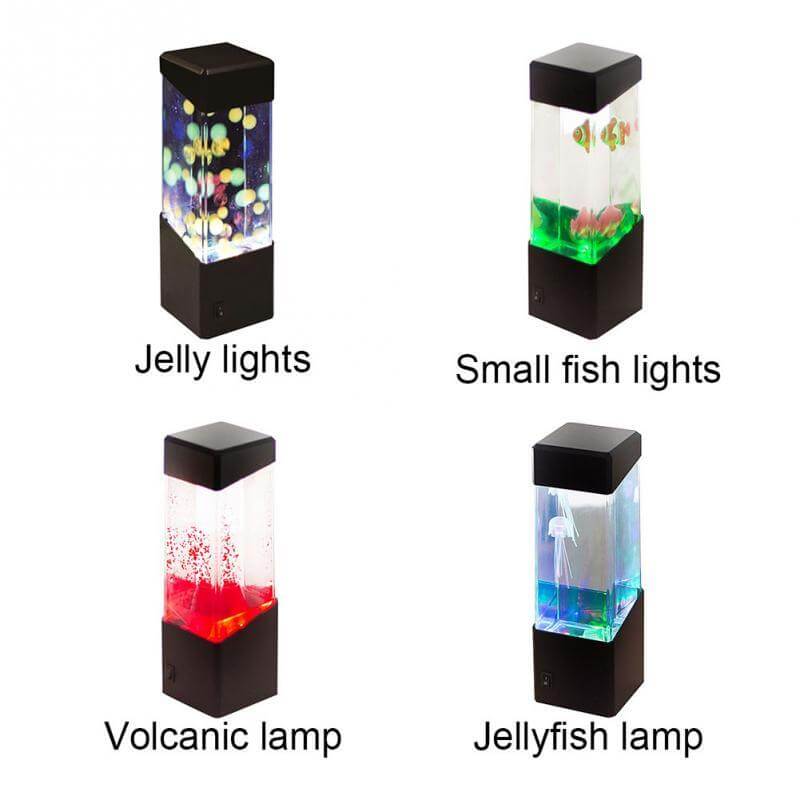 Variety of colorful LED lamps including jelly, small fish, volcanic, and jellyfish designs.