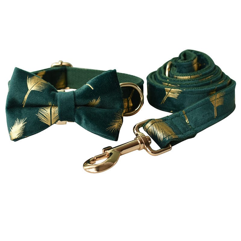 Ensemble collier et laisse pour chien, motif plume émeraude avec nœud élégant en coton de haute qualité.