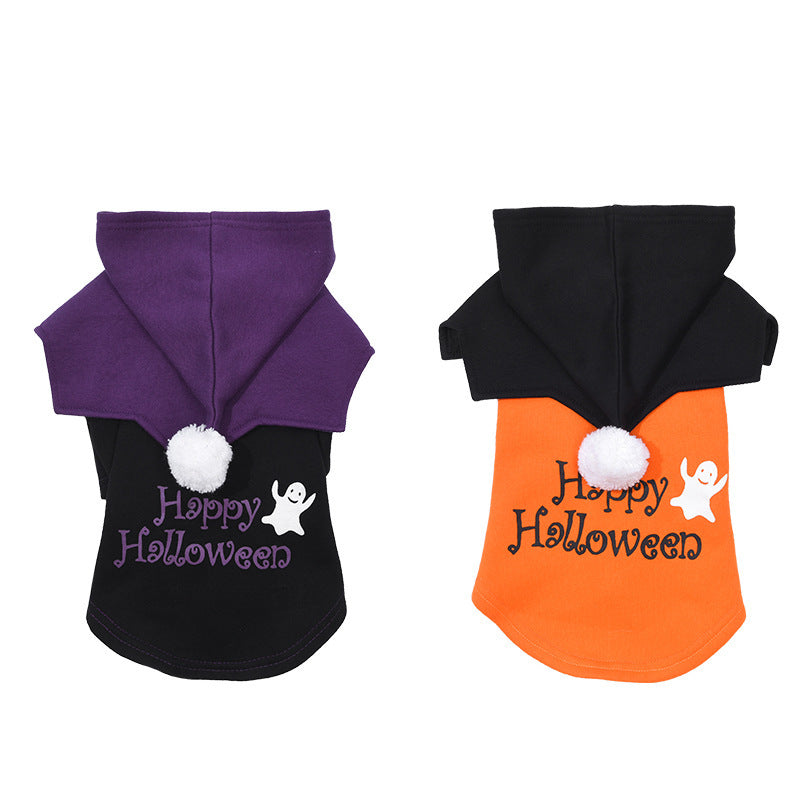 Ensemble de vêtements pour chien Halloween en noir et orange, avec capuche et inscription 'Happy Halloween'.