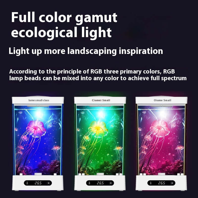 Éclairage écologique à gamme complète de couleurs avec aquariums à méduses, design moderne et inspirant pour l'aménagement intérieur.