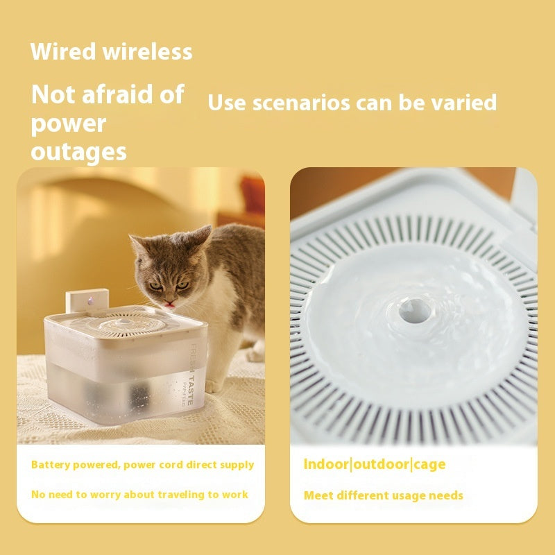 Distributeur d'eau sans fil pour animaux, idéal pour intérieur, extérieur, et cages, avec un chat près du dispositif.