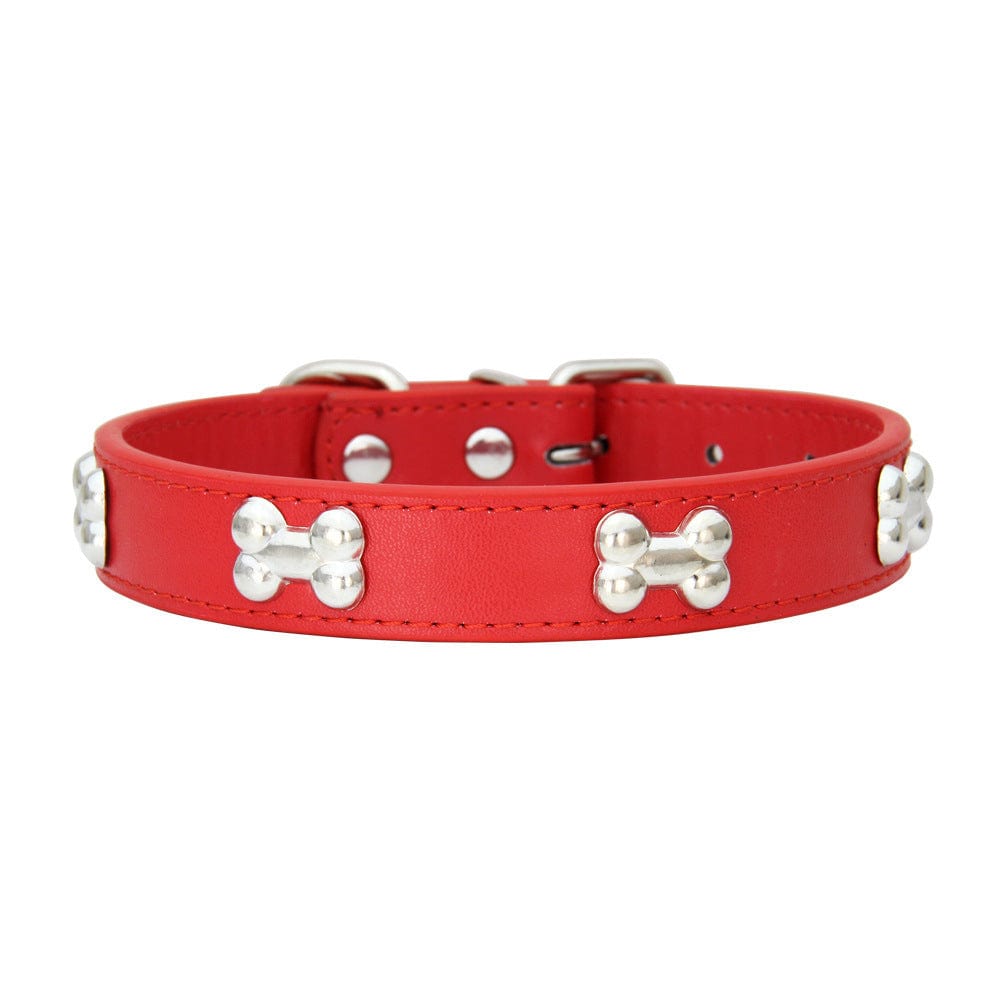 Collier pour chien en cuir PU rouge avec décorations en forme d'os, style élégant et confortable pour animaux.