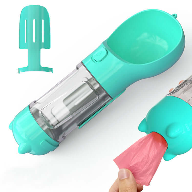 Bouteille d'eau portable pour animaux 3 en 1 avec distributeur de sacs en plastique, idéale pour les promenades.