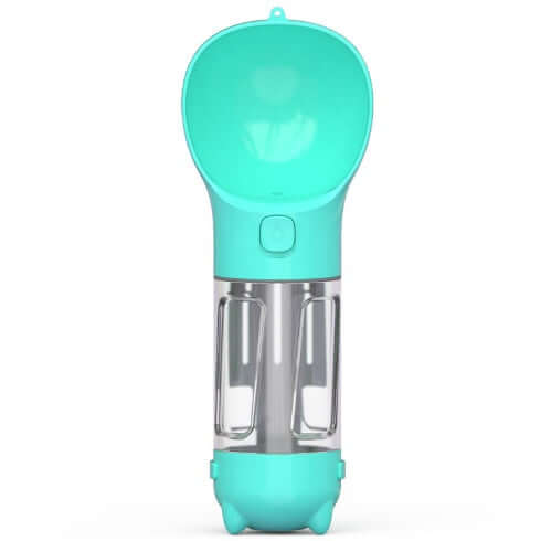 Bouteille d'eau multifonctionnelle pour animaux en turquoise, idéale pour l'hydratation des chiens lors des promenades.