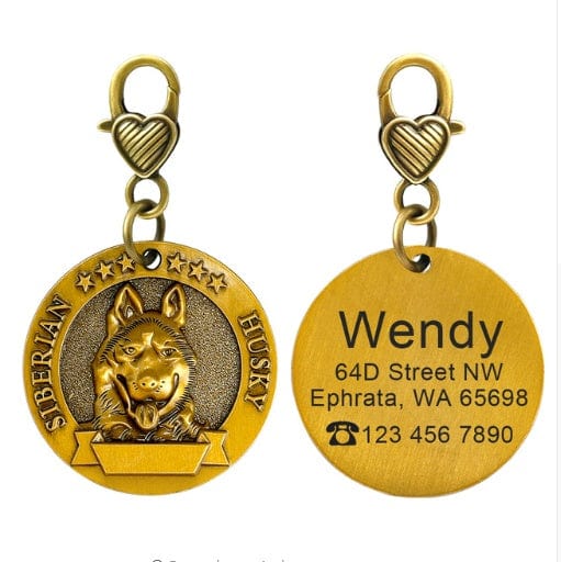 Porte-identité personnalisé en bronze pour chien, décoré d'un husky, avec espace pour inscriptions.