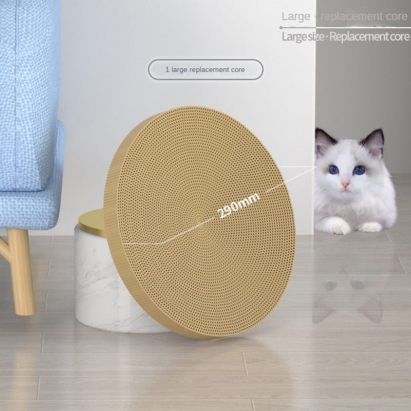 Planche à gratter ronde pour chat de 290mm, remplaçable et durable, avec un chat en arrière-plan.