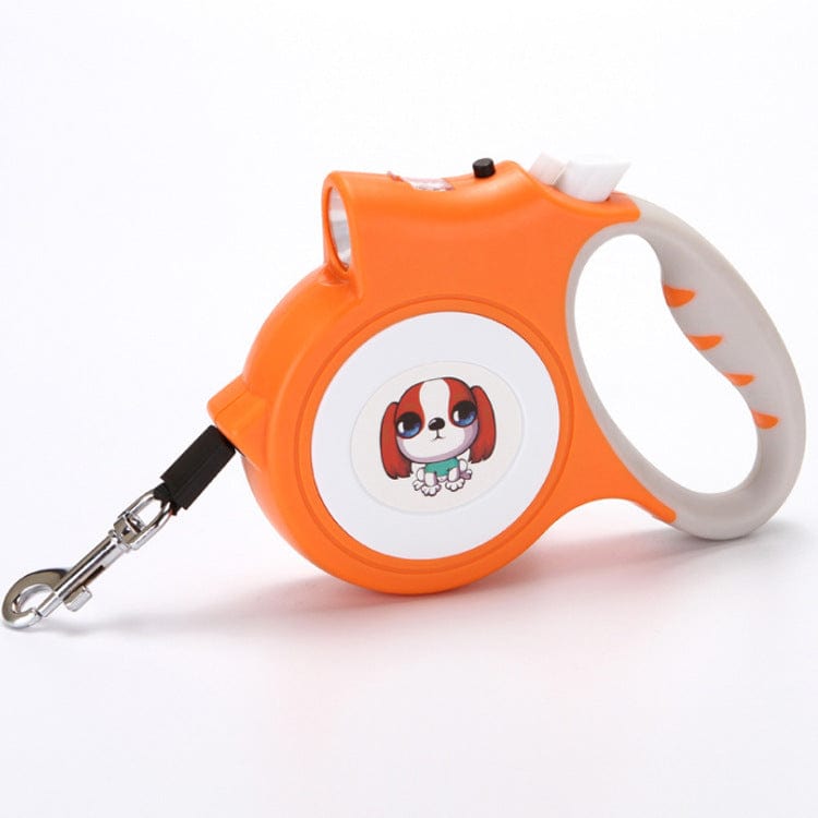 Laisse automatique lumineuse pour chien, coloris orange, accessoire pour promenades sécurisées et nocturnes.
