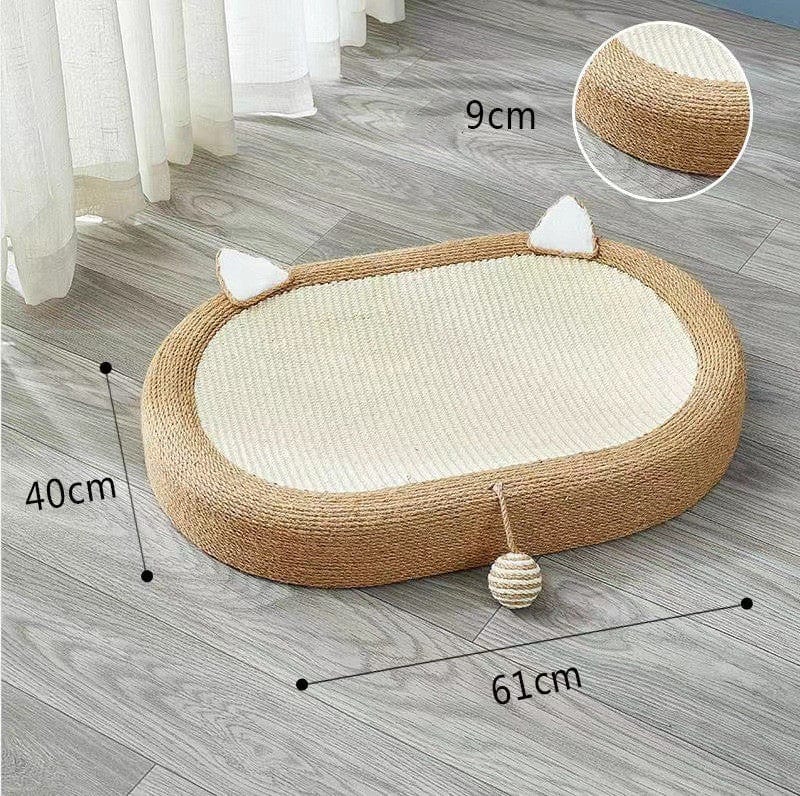 Planche à gratter pour chat en sisal fait main, dimensions 61CM x 40CM, design attrayant avec oreilles et jouet.