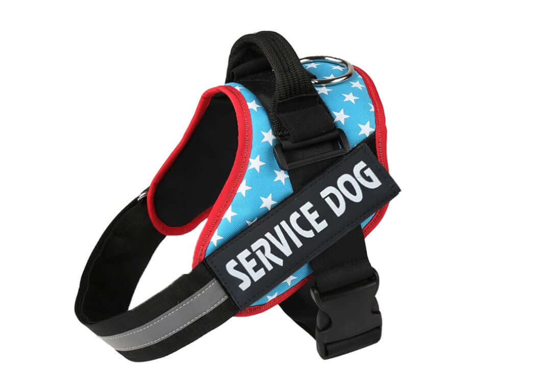 Harnais pour chien bleu étoilé avec étiquette 'SERVICE DOG', idéal pour les chiens de service.