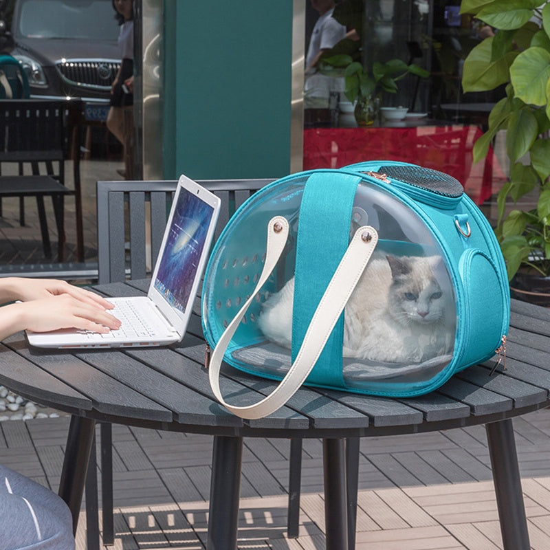 Sac transparent Double Fish pour animaux, pratique et confortable, avec un chat à l'intérieur, sur une table à café.