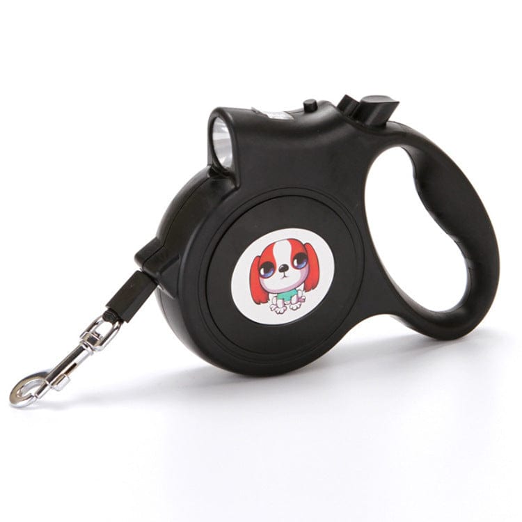 Laisse automatique lumineuse pour chien en noir avec motif de chien, idéale pour promenades nocturnes.