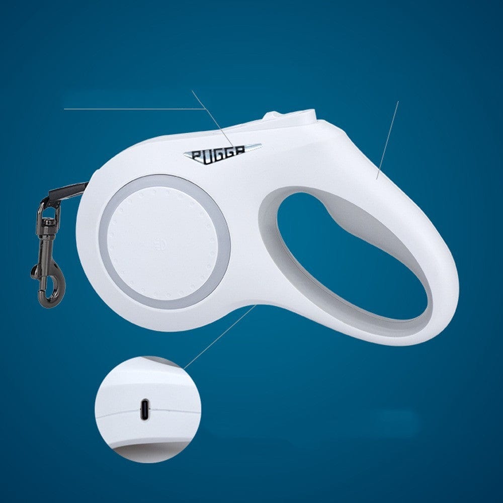 Sangle télescopique automatique pour animaux avec lumières, design ergonomique et durable, couleur blanche.