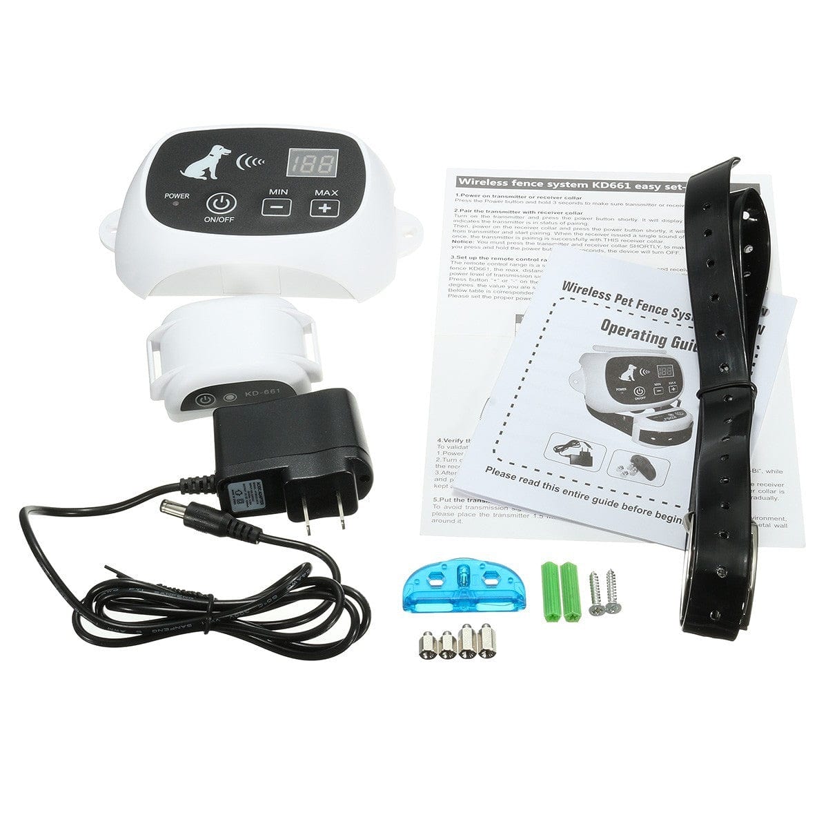 Kit de clôture électronique sans fil pour animaux, comprend émetteur, collier et guide d'utilisation.