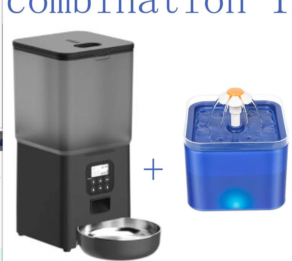 Distributeur d'eau automatique pour animaux avec bol en acier inoxydable et fontaine LED bleue.