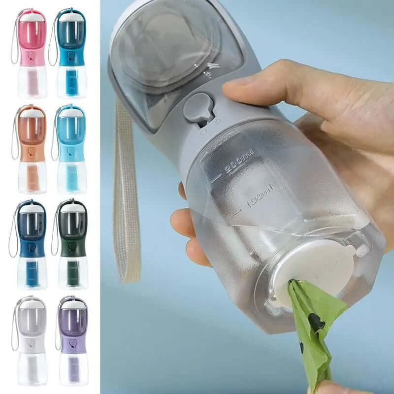 Gobelet d'eau portable 3-en-1 pour animaux avec distributeur de sacs à déchets.