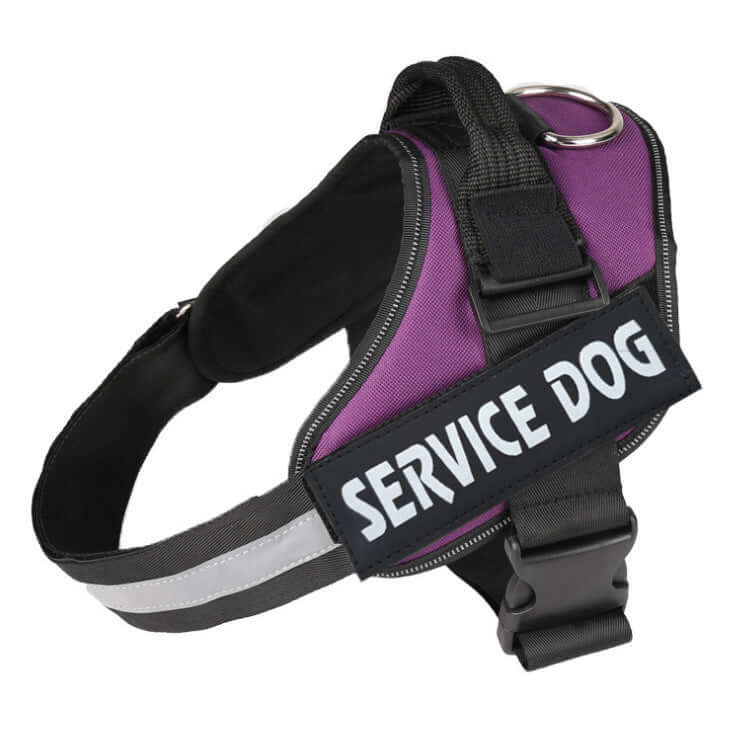Strong nylon service dog harness with reflective strips and stainless steel attachment ring.
