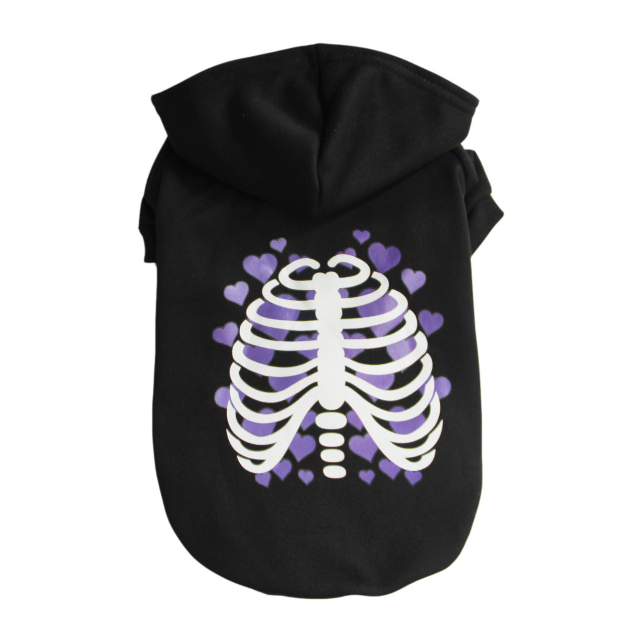 Manteau Halloween pour chien noir avec motif squelette et cœurs violets, parfait pour les fêtes d'Halloween.