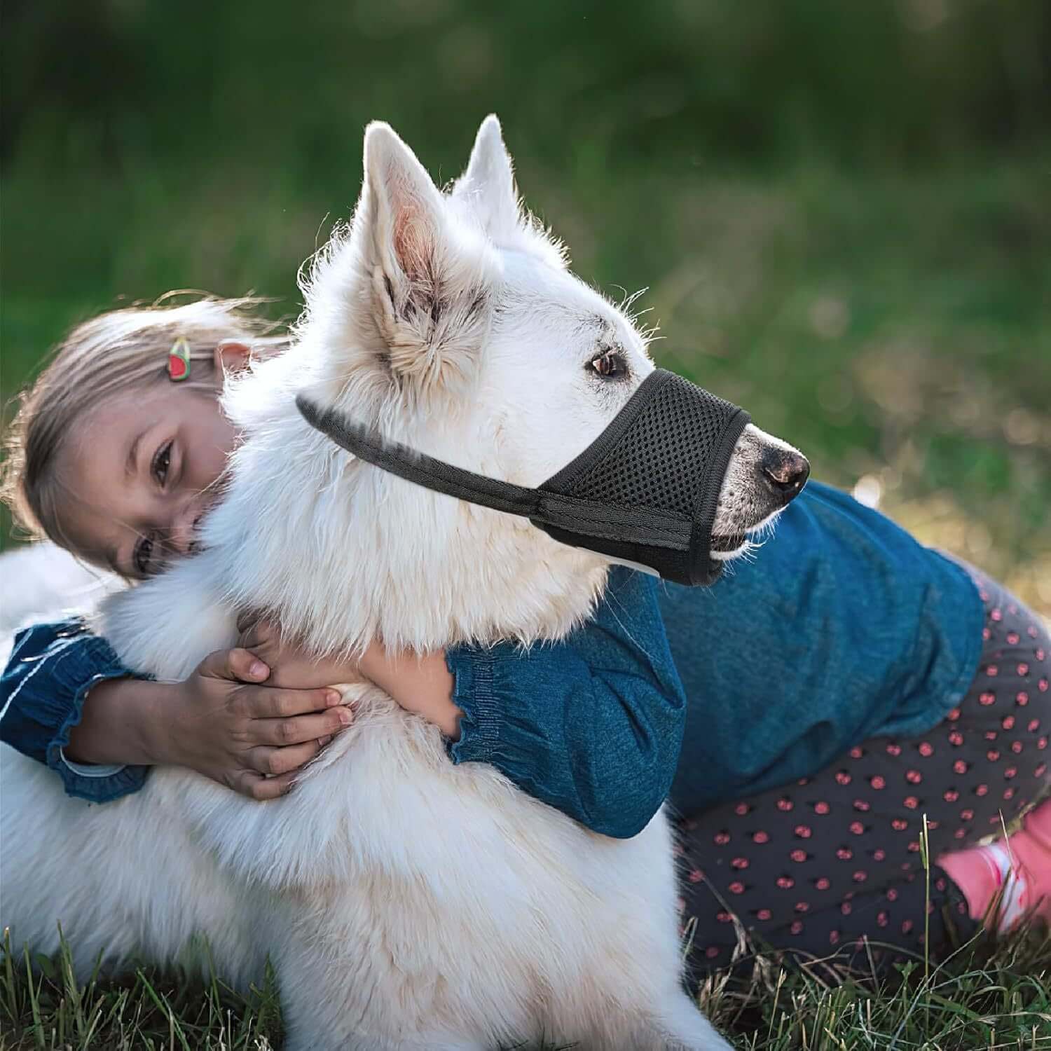 Fille câline un chien portant une muselière mesh, idéale pour la sécurité des animaux.