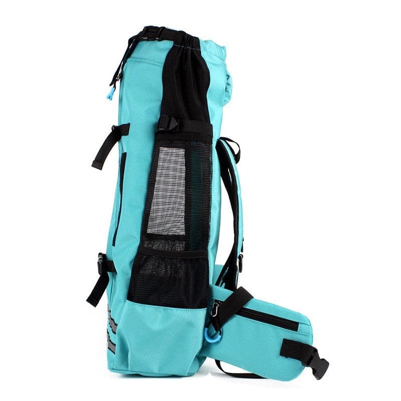 Sac à dos pour animaux de compagnie respirant en couleur turquoise, conçu pour le confort des animaux.