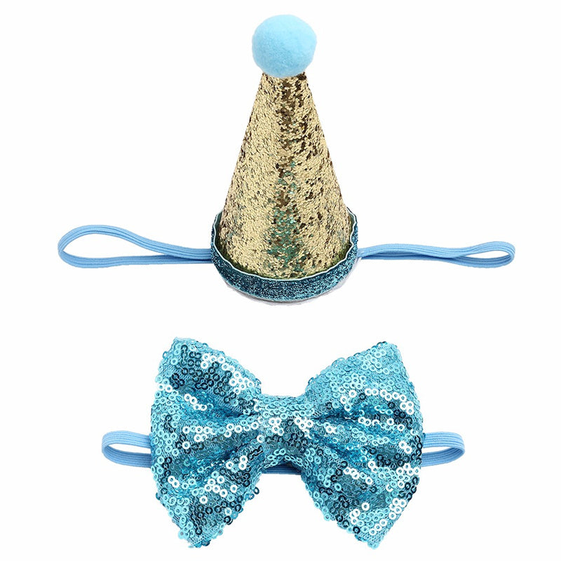 Nœud papillon en sequins bleu et chapeau de fête doré pour chiens, accessoires élégants pour animaux.