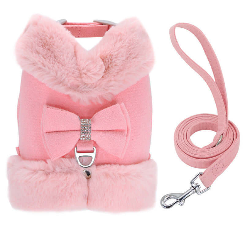 Harnais et laisse chouette pour chien rose avec nœud papillon, doux et confortable pour petites races.