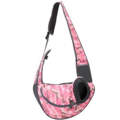 Sac à bandoulière pour chiots en motif camouflage rose, léger et respirant pour un confort optimal.