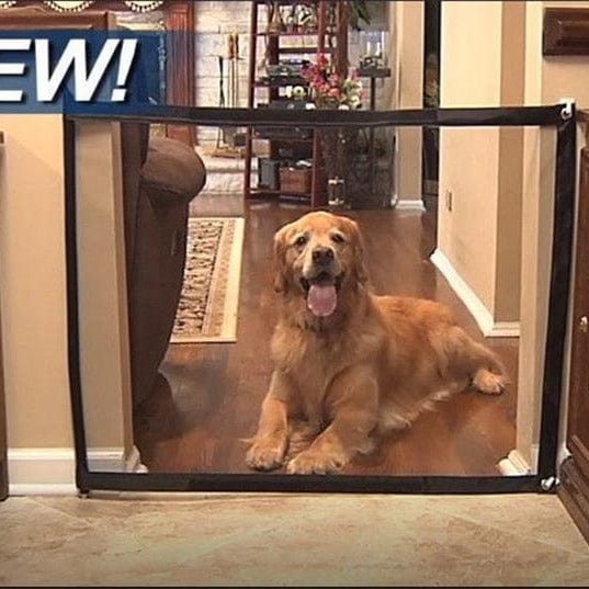 Clôture isolante pliable pour chiens dans une maison avec un golden retriever souriant.