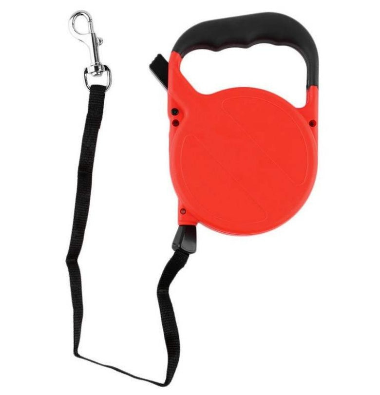 Laisse rétractable automatique rouge pour chiens et chats, idéale pour les promenades en plein air.