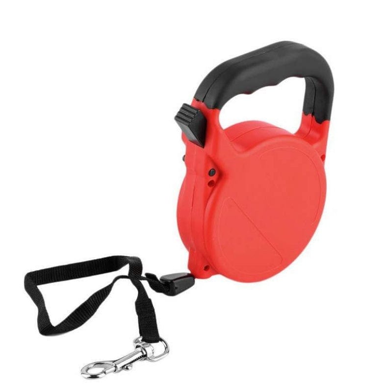 Laisse rétractable automatique rouge pour chiens et chats avec un design ergonomique et clip de sécurité.