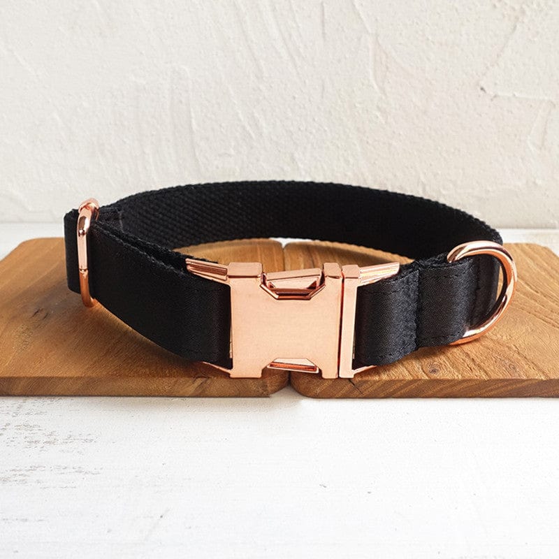 Collier pour chien noir en polyester avec boucle dorée, idéal pour le confort des animaux.