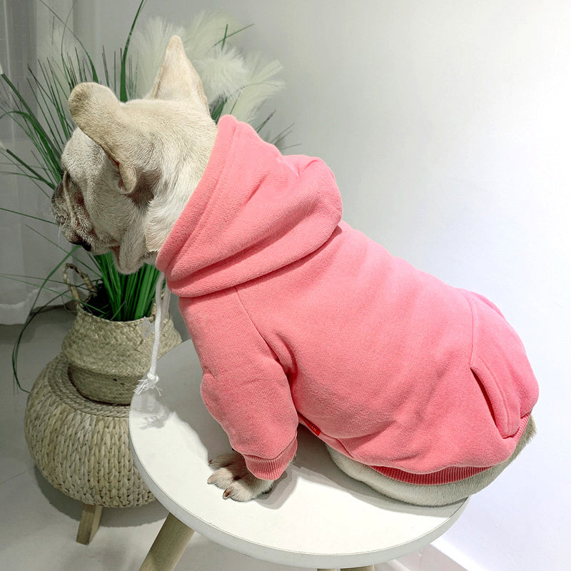 Chien français dans un hoodie en fleece rose, offrant confort et style décontracté pour animaux de compagnie.