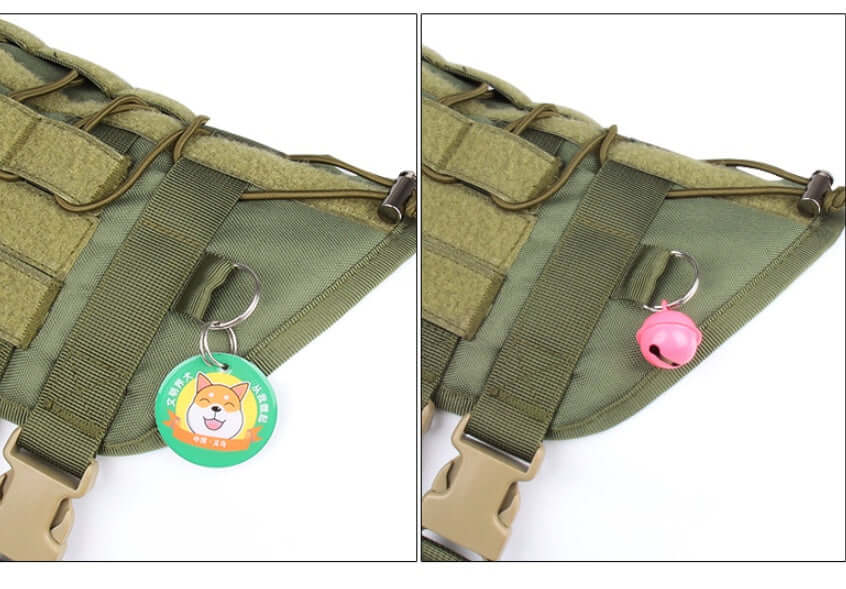 Détails du gilet Oxford pour chien avec porte-clés et cloche, coloris vert, offrant confort et sécurité.