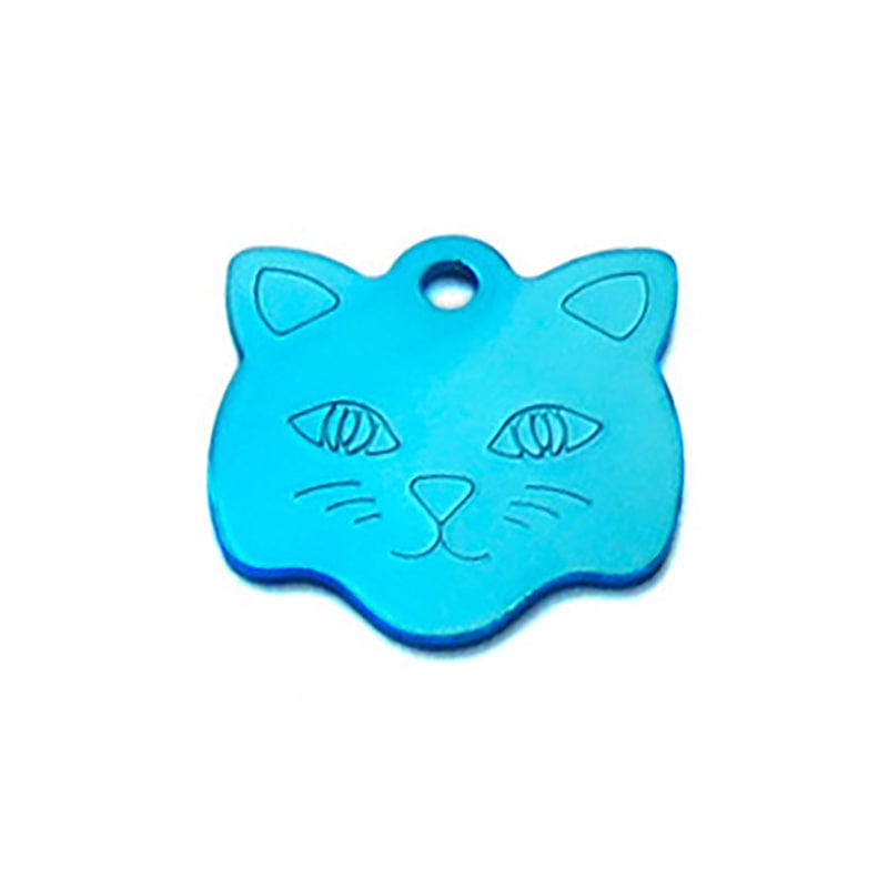 Médaille en aluminium bleue en forme de tête de chat, idéale pour collier de chien ou chat.