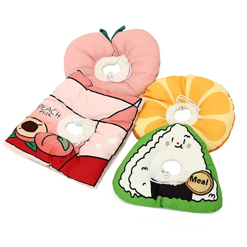 Colorful pet cushions shaped like fruit and food, perfect for pets to relax comfortably.