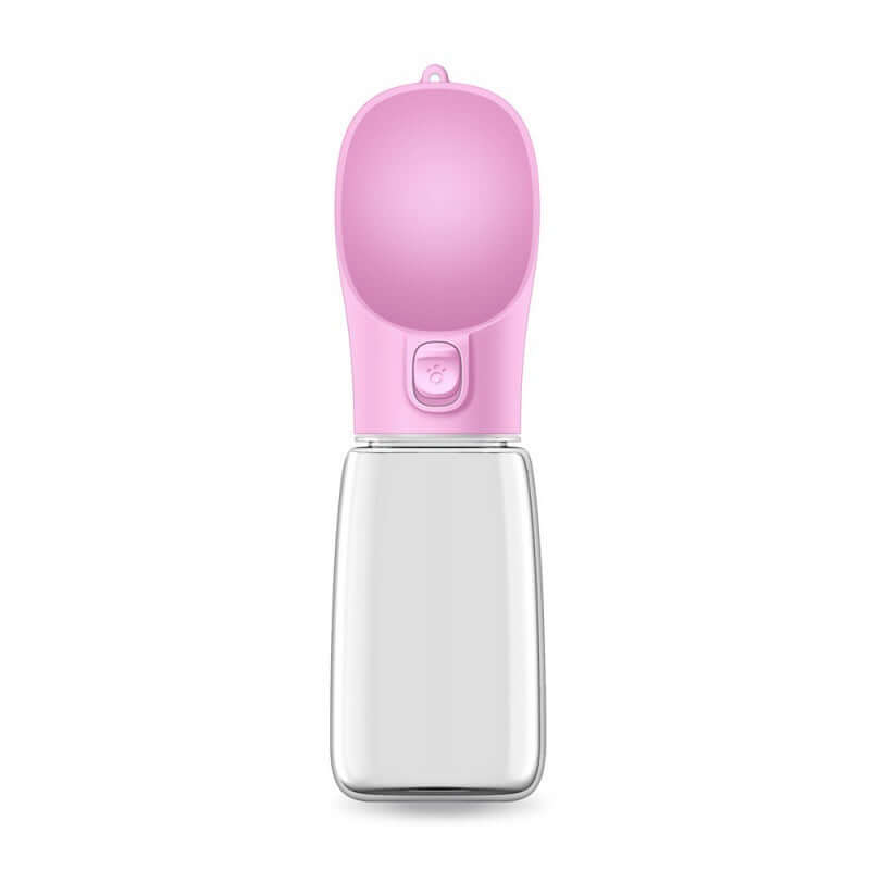 Gourde portable pour chien en plastique rose, idéale pour les promenades et les aventures en extérieur.