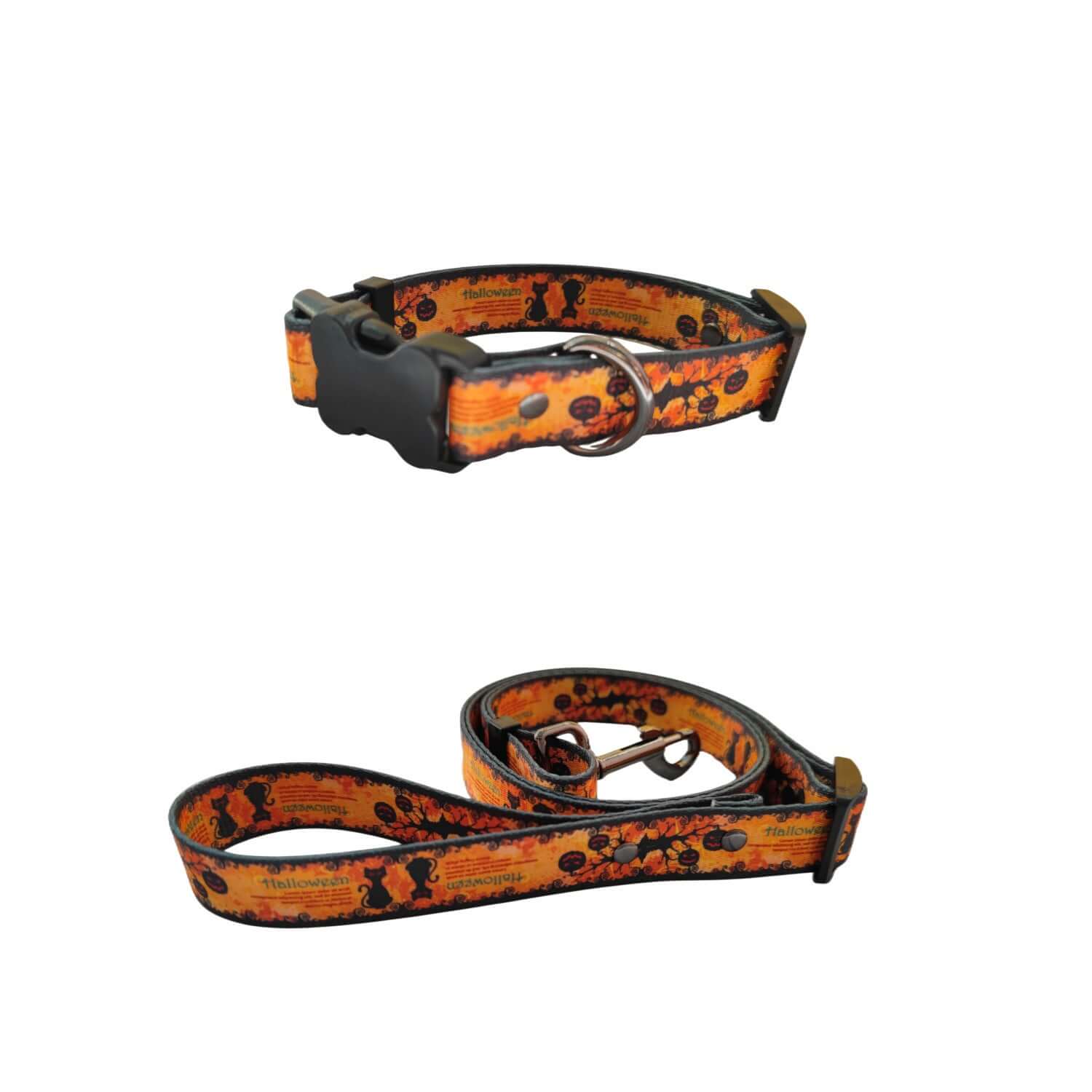 Harnais et laisse à imprimé Halloween pour chien, en polyester avec motifs citrouille et château fantôme.