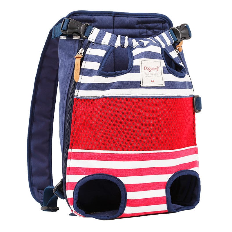 Sac à dos pour animaux rayé rouge et bleu avec poches, conçu pour un confort optimal lors des sorties.