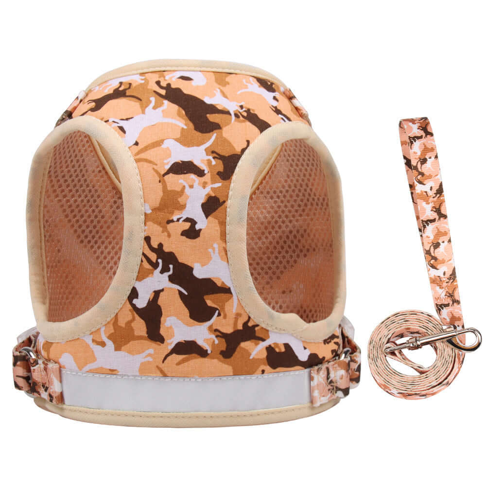 Harnais réfléchissant et respirant pour chats avec laisse, design en camouflage, confortable et sécurisé.