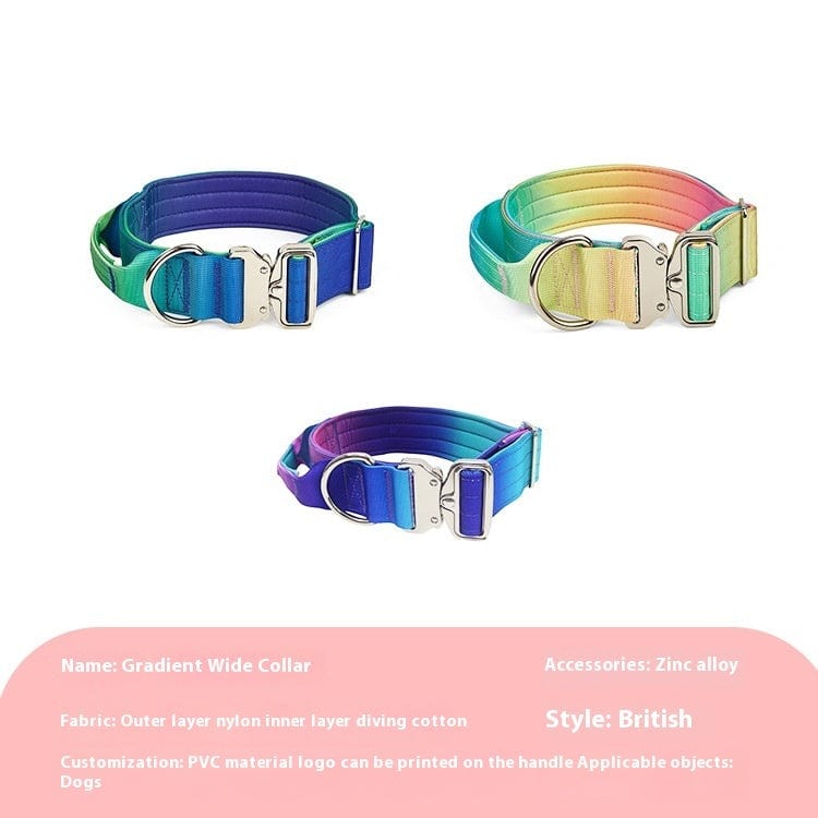 Gradient wide collars for dogs in green, blue, and pink hues, made from diving cotton and zinc alloy hardware.