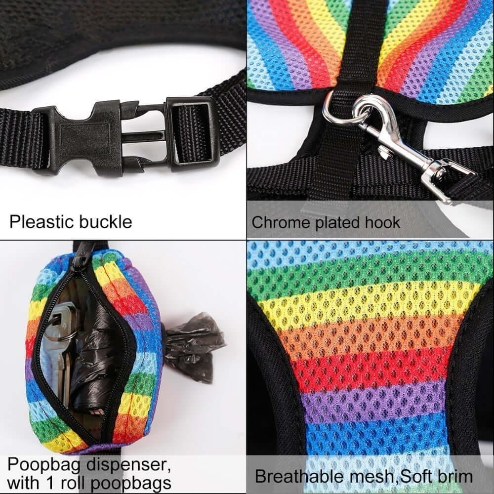 Harnais Arc-en-Ciel en détail : boucle en plastique, crochet chromé, distributeur de sacs à déjections et tissu mesh respirant.