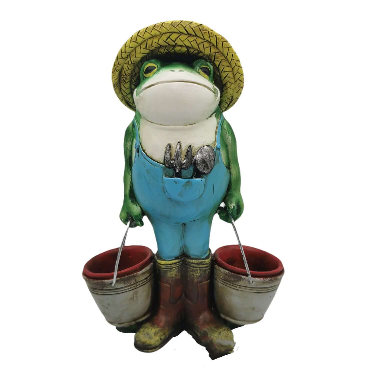 Mangeoire à oiseaux en résine représentant une grenouille avec seaux, décoration de jardin colorée et charmante.