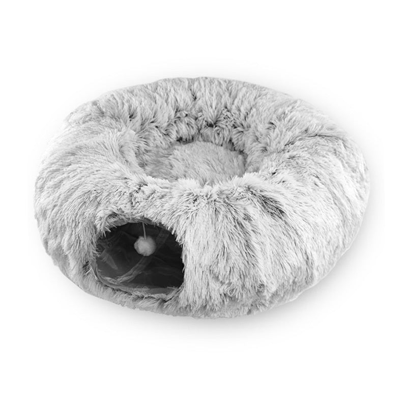 Plush Warm Cat Bed With Tunnel For Indoor Cats Collapsible Donut Cat Playing Sleeping Cave Non-slip Kitten Nest Pet Supplies