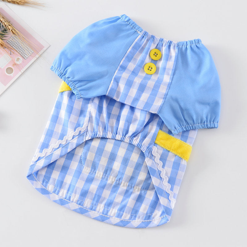 Vêtements pour chiens en coton avec motifs à carreaux bleus et boutons, confortables pour le printemps et l'été.