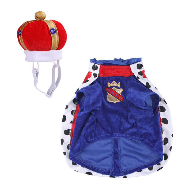 Ensemble d'accessoires pour chien comprenant une couronne rouge et un manteau à pois noirs, style royal.