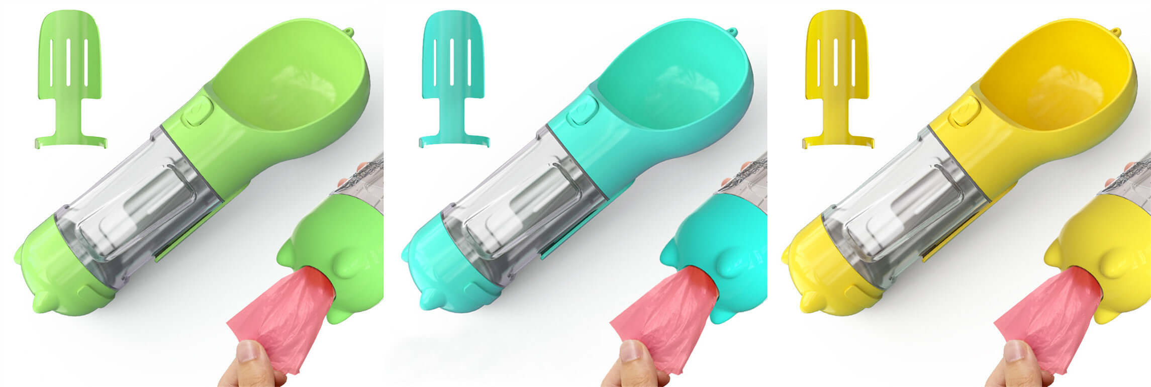Bouteille d'eau portable 3 en 1 pour animaux, couleurs vert, bleu et jaune, idéale pour promenades.