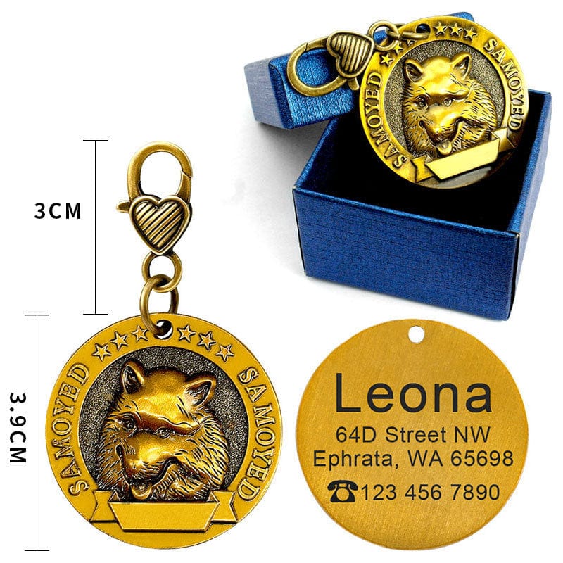 Plaque d'identité pour chien en métal personnalisée avec gravure, design tendance pour Samoyède.